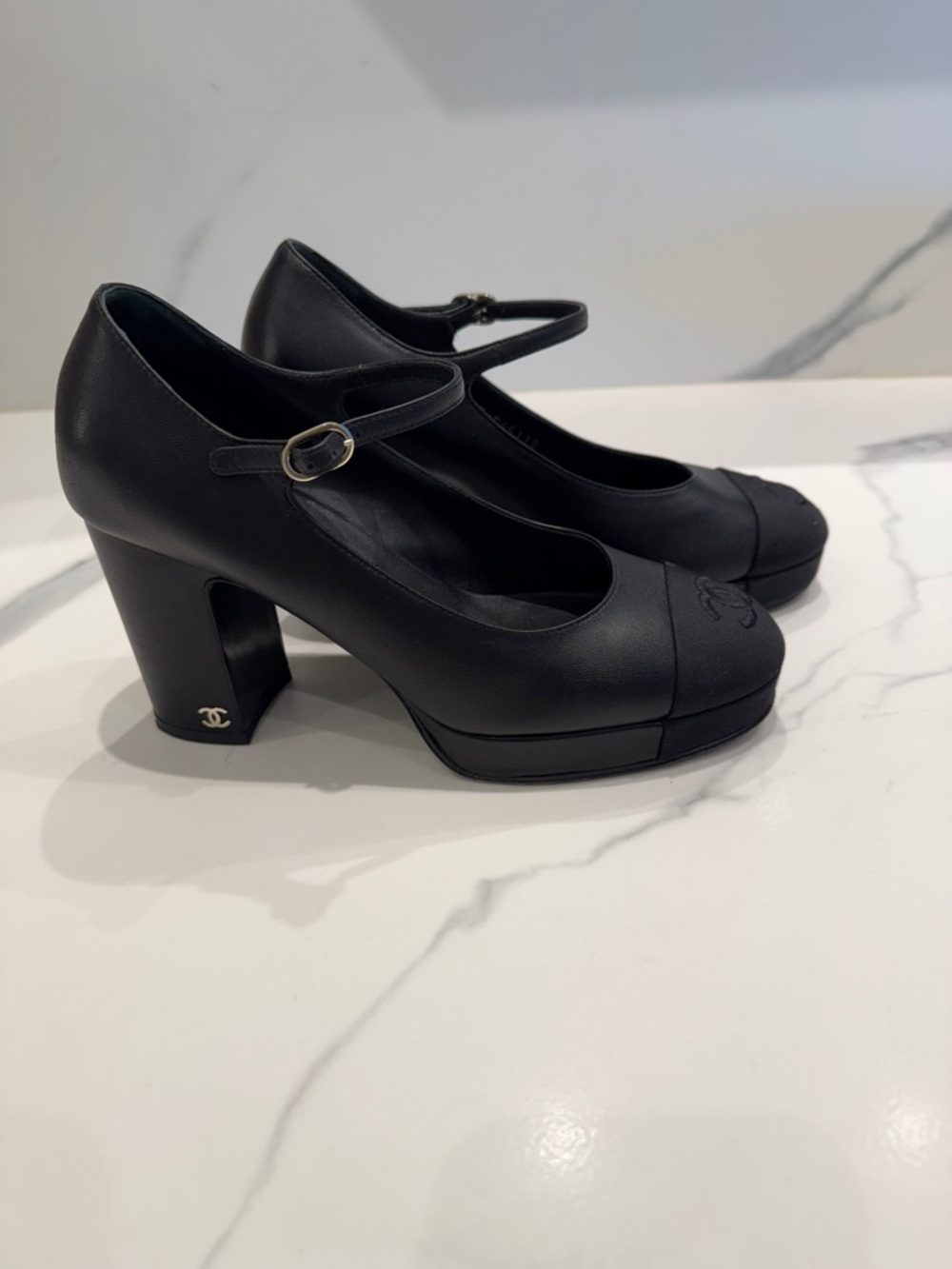 CHANEL Black Mary Jane Block Heel Pumps with CC Logo